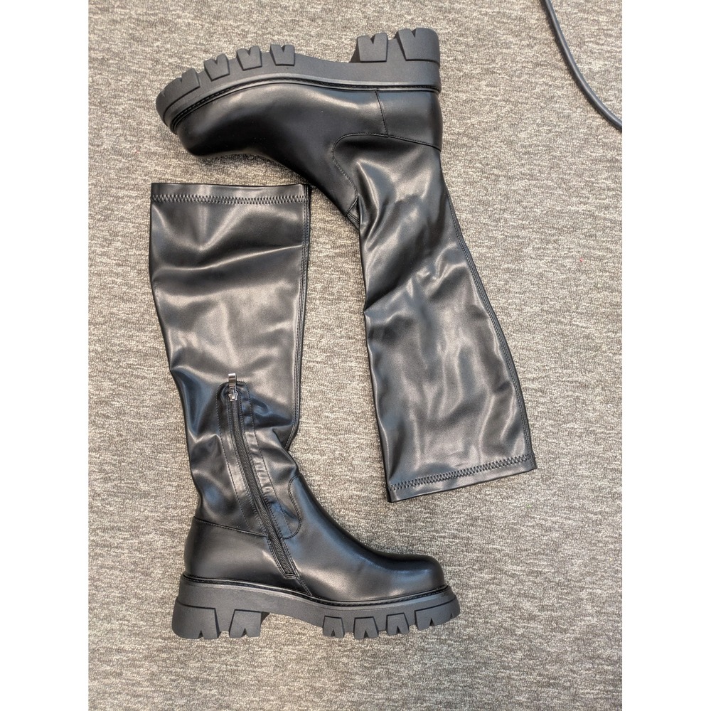 NEW CouieCuies Knee High Boots Women's 10.5 Black Chunky Platform Lug Sole Zip